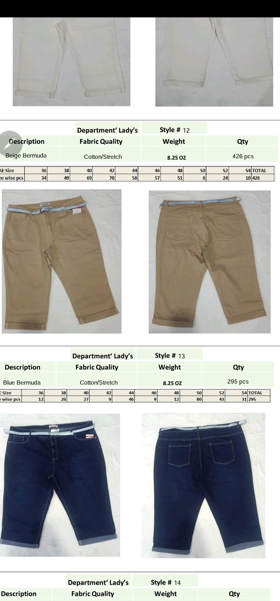 Krótkie spodnie damskie typu bermudy w trzech wariantach kolorystycznych: białe, beżowe i granatowe, prezentowane z przodu i z tyłu, z widocznymi paskami i tabelami rozmiarów.