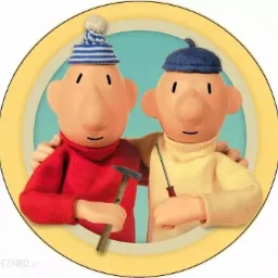 Kadr z animacji przedstawiający dwóch sympatycznych majsterkowiczów, Pat i Mat, trzymających narzędzia: młotek i śrubokręt, w okrągłej ramce.