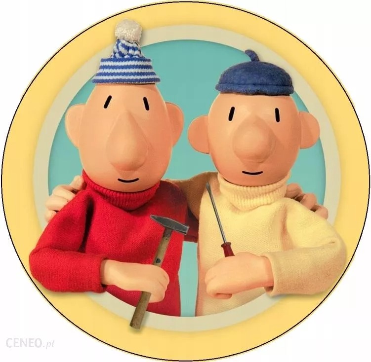 Kadr z animacji przedstawiający dwóch sympatycznych majsterkowiczów, Pat i Mat, trzymających narzędzia: młotek i śrubokręt, w okrągłej ramce.