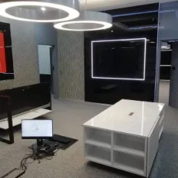 Nowoczesne biuro z czarno-białym wystrojem, designerskie oświetlenie, monitor z planami, biurko z szafkami i wzorzysta tapeta.