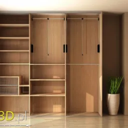 Wizualizacja przestronnej szafy wnękowej z przesuwnymi drzwiami, półkami i metalowymi koszami, jasne drewno, widok na zewnątrz przez okno.