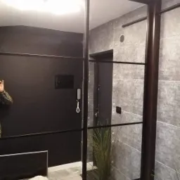 Czarna szafa przesuwna z lustrem i metalowymi poprzeczkami w nowoczesnym wnętrzu, widoczny fragment czarnej ściany z domofonem i szarej ściany z płytkami imitującymi beton, doniczka z zieloną rośliną.