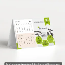 Kalendarz biurkowy z logo Farmwet, prezentujący miesiące styczeń i luty 2021, z informacjami o firmie i jej wartościach, umieszczony na białym tle.