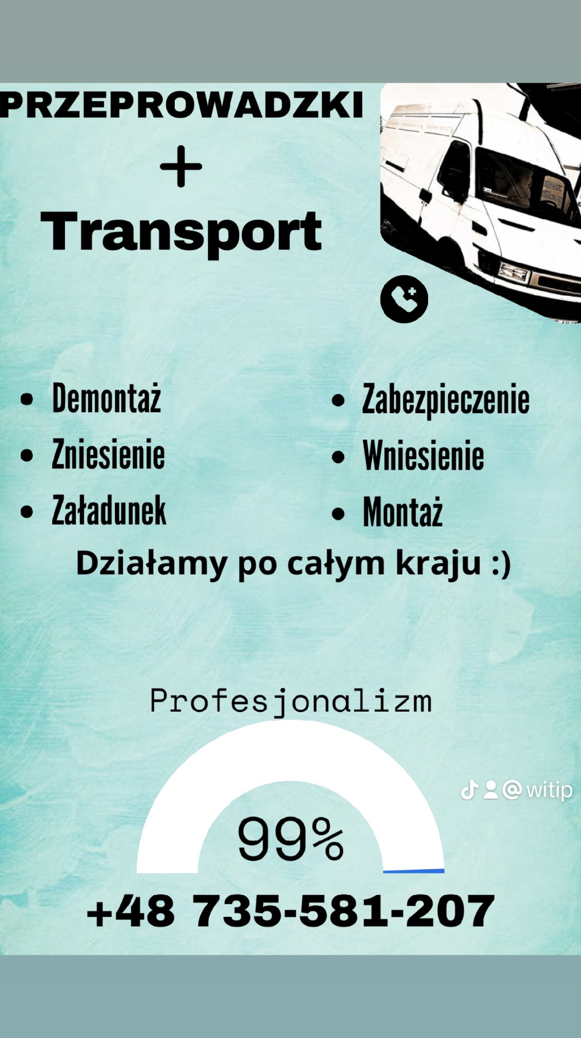 Grafika reklamowa firmy przeprowadzkowej z białym busem w prawym górnym rogu, hasłem 'Przeprowadzki + Transport' i listą usług: demontaż, zniesienie, załadunek, zabezpieczenie, wniesienie, montaż.