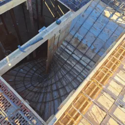 Zbrojenie fundamentu schodów spiralnych z deskowaniem, widok z góry na placu budowy.