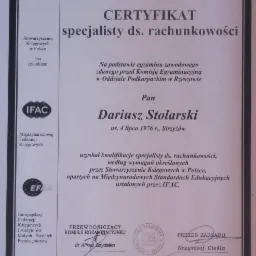 Certyfikat specjalisty ds. rachunkowości wydany przez Stowarzyszenie Księgowych w Polsce dla Dariusza Stolarskiego, Rzeszów, 12 października 2013 r.