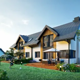 Wizualizacja dwukondygnacyjnego domu jednorodzinnego z poddaszem użytkowym, drewnianą elewacją i tarasem, otoczonego zielonym ogrodem z grającym dzieckiem i zaparkowanymi samochodami.