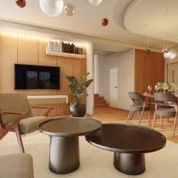 Wizualizacja przestronnego salonu z jadalnią w ciepłych barwach, z drewnianą ścianą, telewizorem, rośliną doniczkową, stolikami kawowymi i krzesłami przy stole jadalnym.