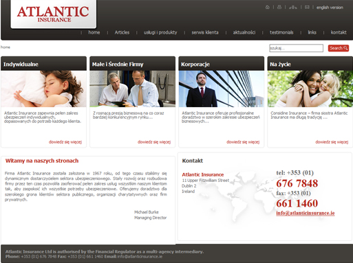 Strona internetowa firmy ubezpieczeniowej Atlantic Insurance z podziałem na sekcje: Indywidualne, Małe i Średnie Firmy, Korporacje, Na życie, z nagłówkami, zdjęciami i krótkimi opisami...