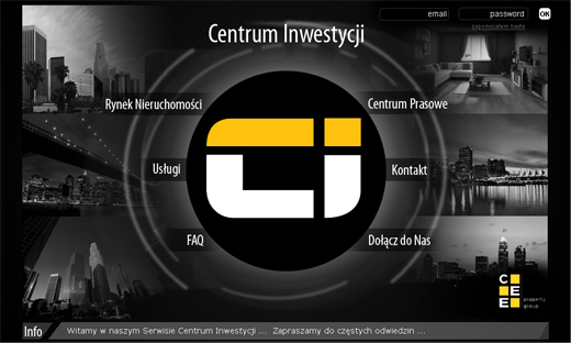 Strona internetowa Centrum Inwestycji z menu nawigacyjnym, logo firmy i polami do logowania.