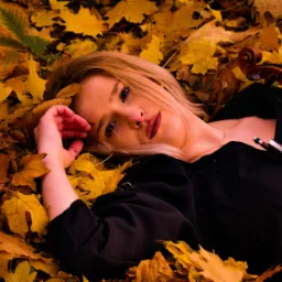 Blondwłosa kobieta w czarnej sukience leży na ziemi pokrytej żółtymi liśćmi, trzymając skrzypce i smyczek.