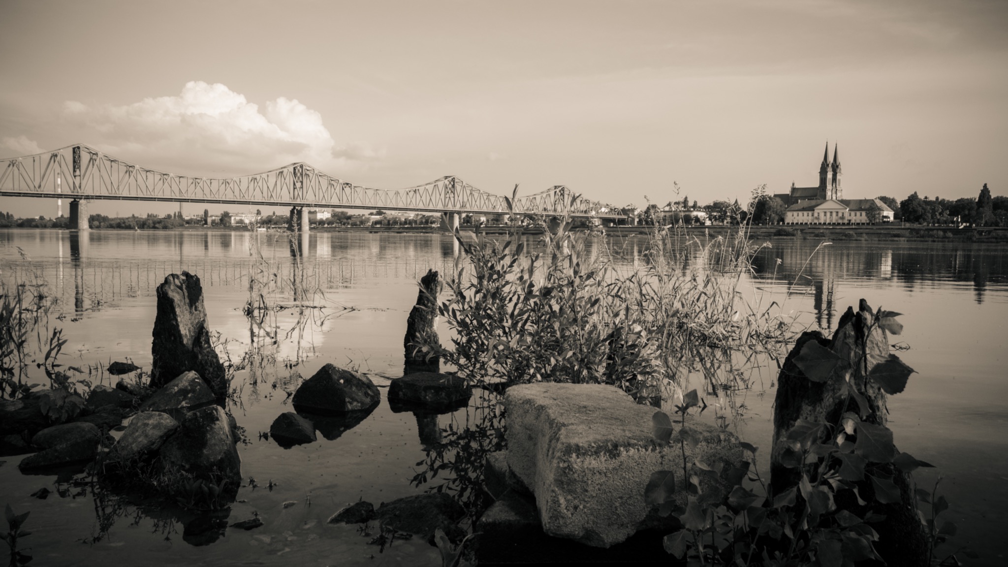 Czarno-białe zdjęcie rzeki z kamieniami i roślinnością na pierwszym planie, w tle widoczny most kratownicowy i budynki miasta, w tym kościół z dwiema wieżami.