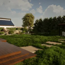 Zadbany ogród z drewnianym tarasem, ścieżką z płyt, pergolą z białymi meblami wypoczynkowymi, bujną zielenią i domem w tle.