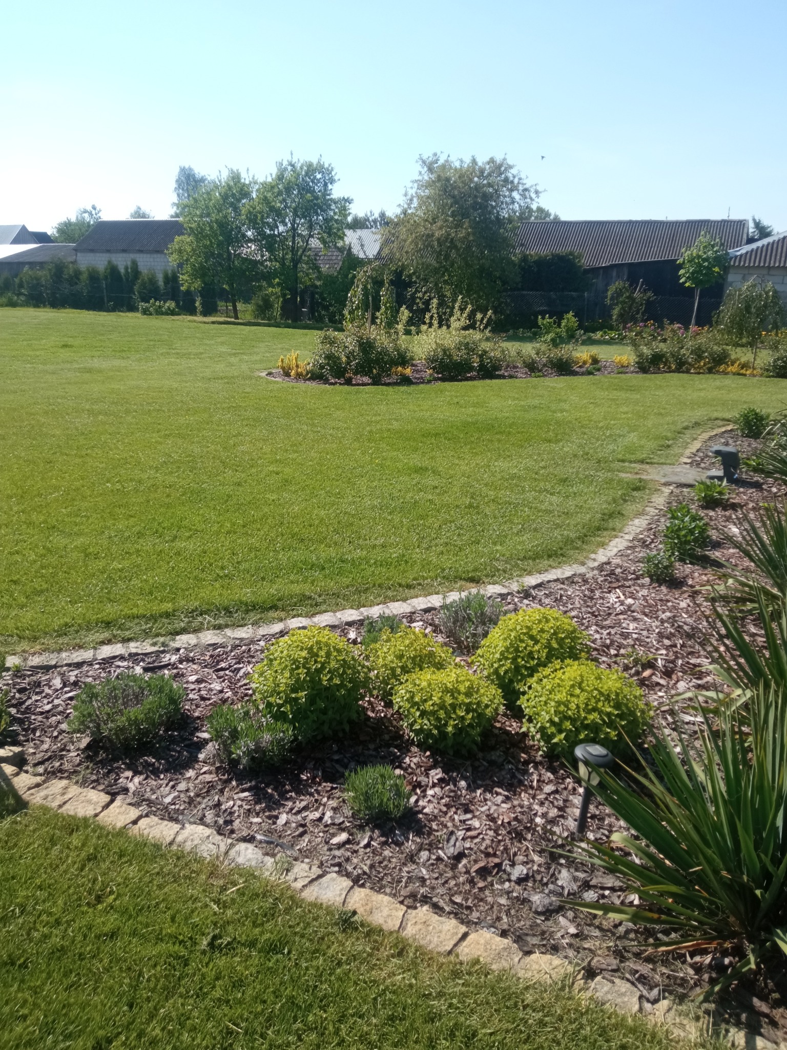 Rozległy, wypielęgnowany trawnik z rabatami obsadzonymi krzewami i kwiatami, obrzeża z kamienia i kory, w tle zabudowania gospodarcze i drzewa.