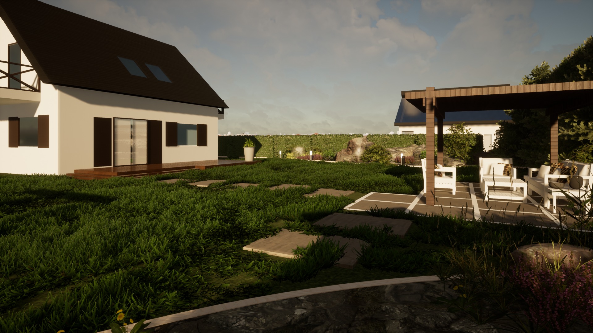 Wizualizacja ogrodu z nowoczesnym domem, drewnianą pergolą z białymi meblami ogrodowymi i ścieżką z płyt w trawie.