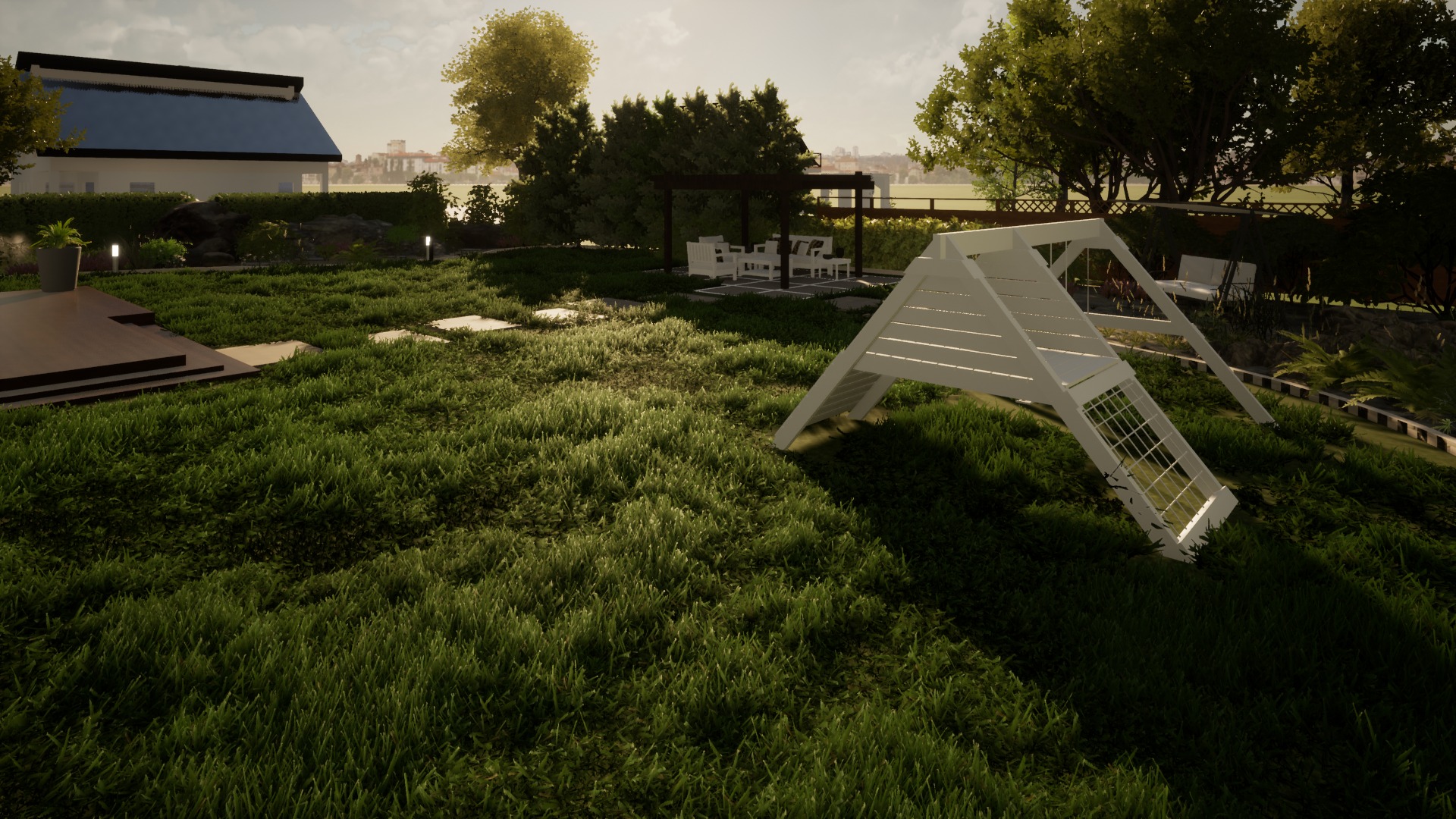 Rozległy, zadbany trawnik w Białymstoku, z widoczną pergolą i placem zabaw w ogrodzie, tworzący harmonijną przestrzeń rekreacyjną.