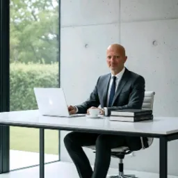 Portret adwokata przy biurku z laptopem, filiżanką i książkami. Nowoczesne biuro z betonową ścianą i dużym oknem. Mężczyzna w garniturze patrzy w obiektyw.