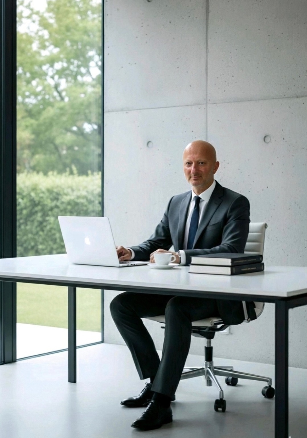Portret adwokata przy biurku z laptopem, filiżanką i książkami. Nowoczesne biuro z betonową ścianą i dużym oknem. Mężczyzna w garniturze patrzy w obiektyw.
