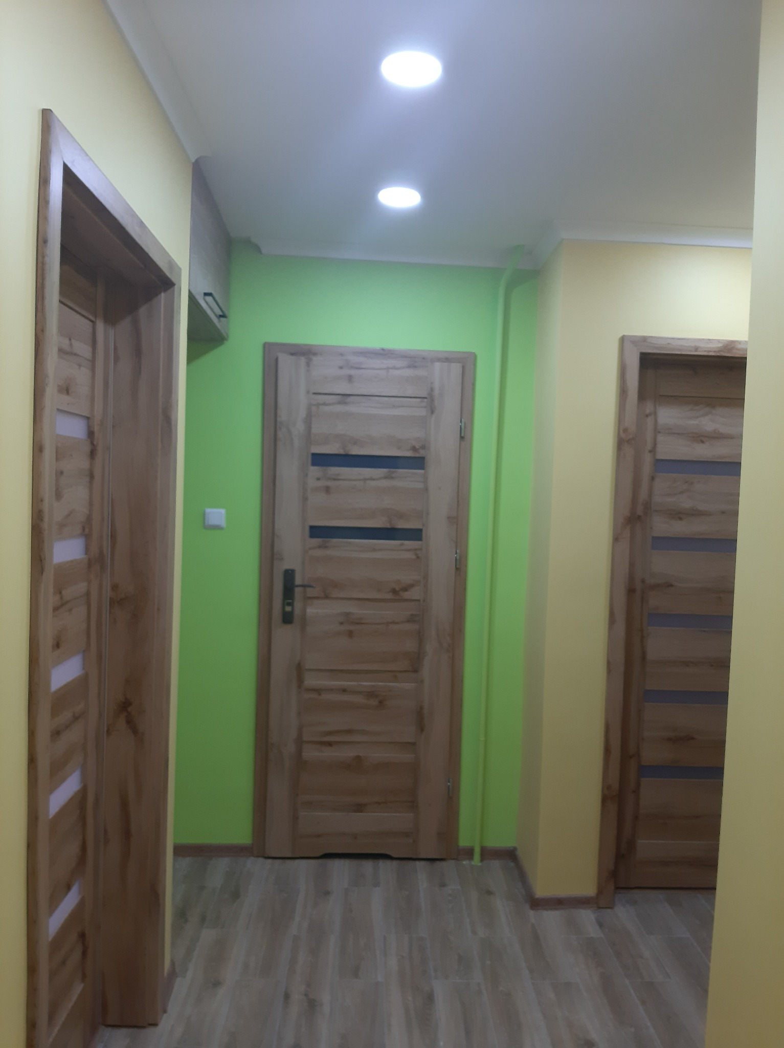 Korytarz z trzema drewnianymi drzwiami o różnym wzornictwie, ściany w kolorze żółtym i limonkowym, oświetlenie sufitowe punktowe.