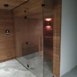 Nowoczesna sauna z drewnianym wykończeniem, szklanymi drzwiami z drewnianym uchwytem i oświetleniem punktowym w suficie, widok z zewnątrz.