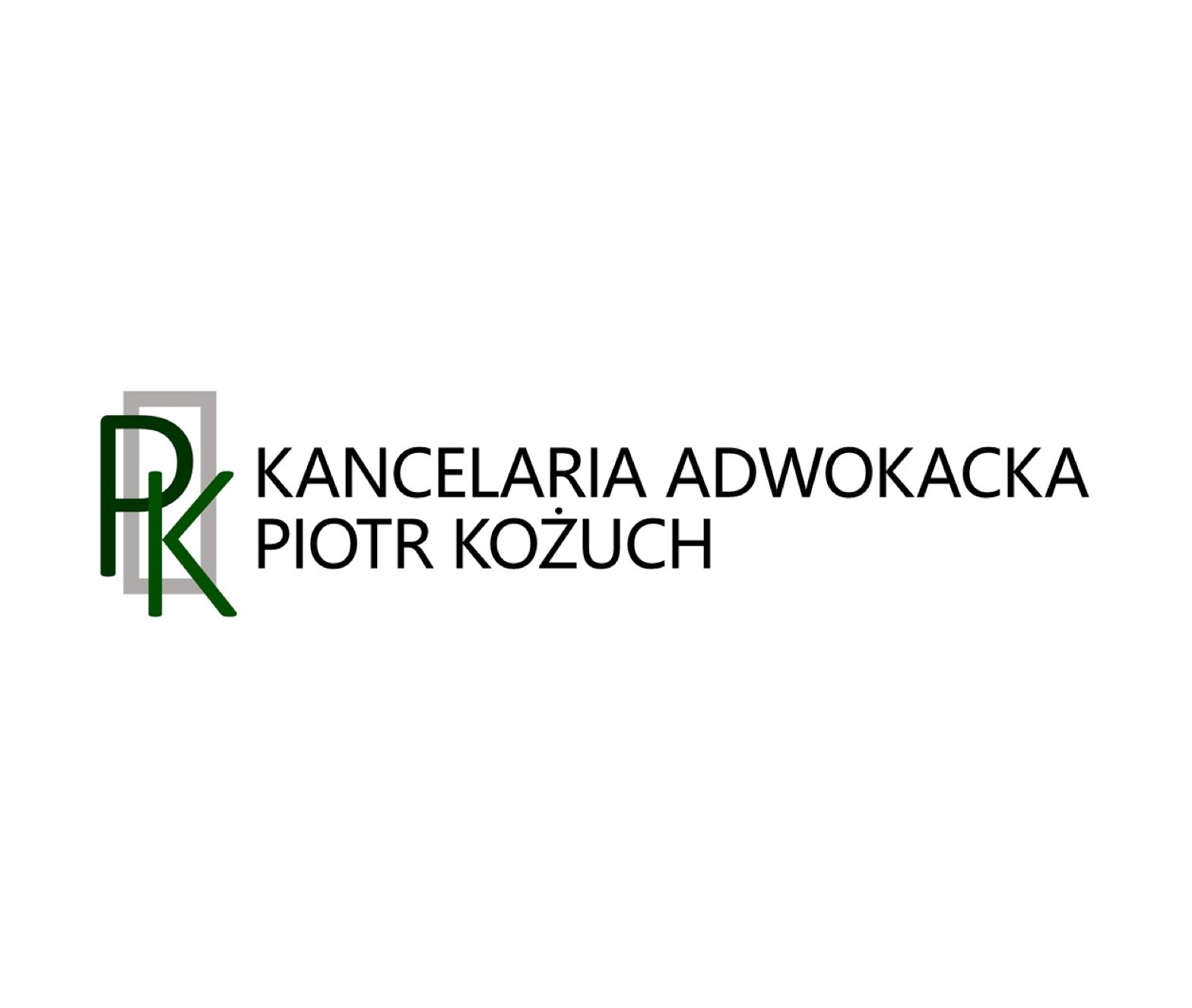 Logo Kancelarii Adwokackiej Piotr Kożuch z inicjałami PK w zielono-szarej kolorystyce na białym tle.