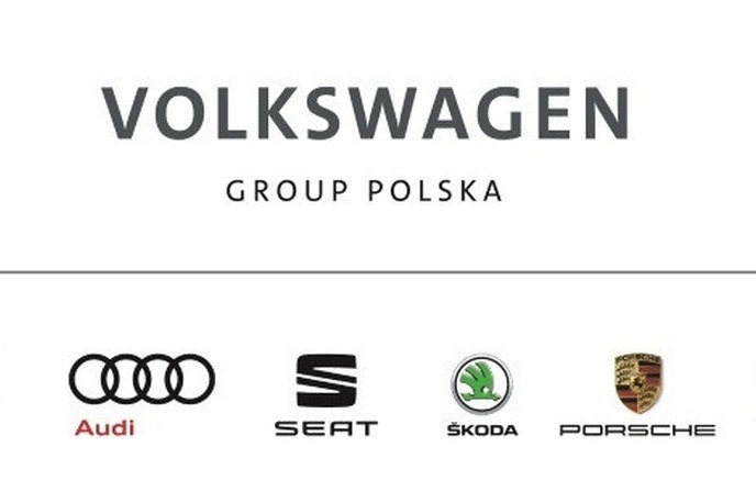 Logo Volkswagen Group Polska z emblematami Audi, Seat, Skoda i Porsche na białym tle.