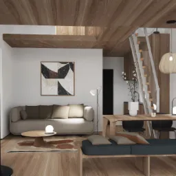 Jasne wnętrze domu weekendowego z drewnianym wykończeniem, sofą, stołem i schodami drabinkowymi, oświetlone lampami kulistymi.