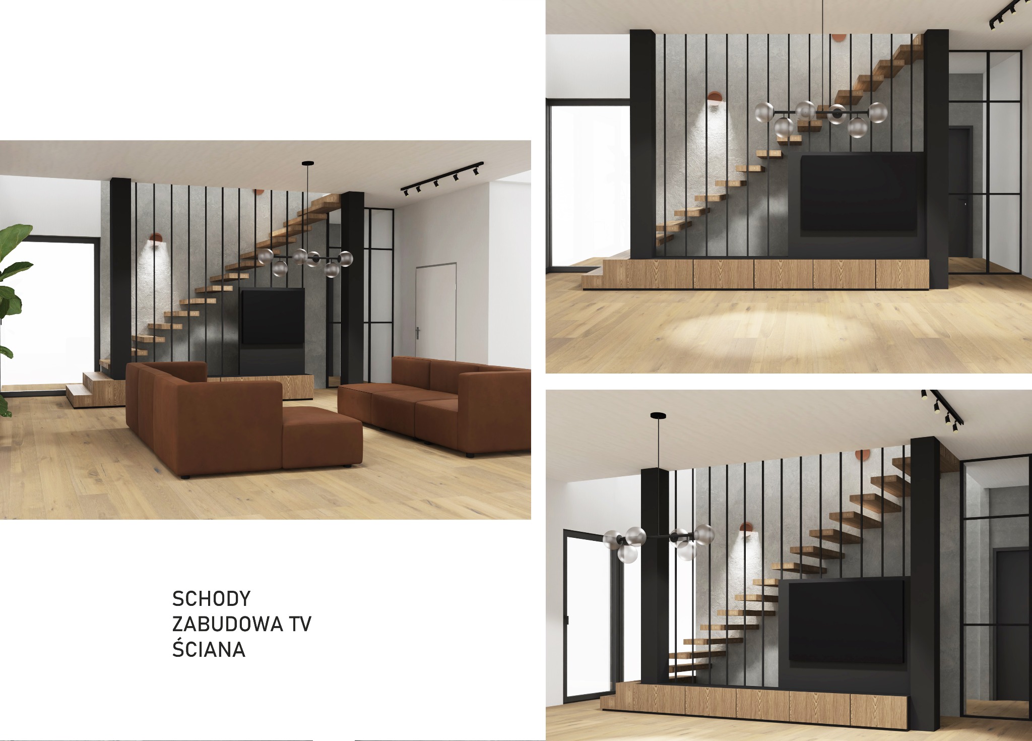 Nowoczesny salon z drewnianymi schodami wspornikowymi na tle betonowej ściany, zabudowa TV z drewnianymi frontami, brązowa sofa modułowa i podłoga z jasnego drewna.