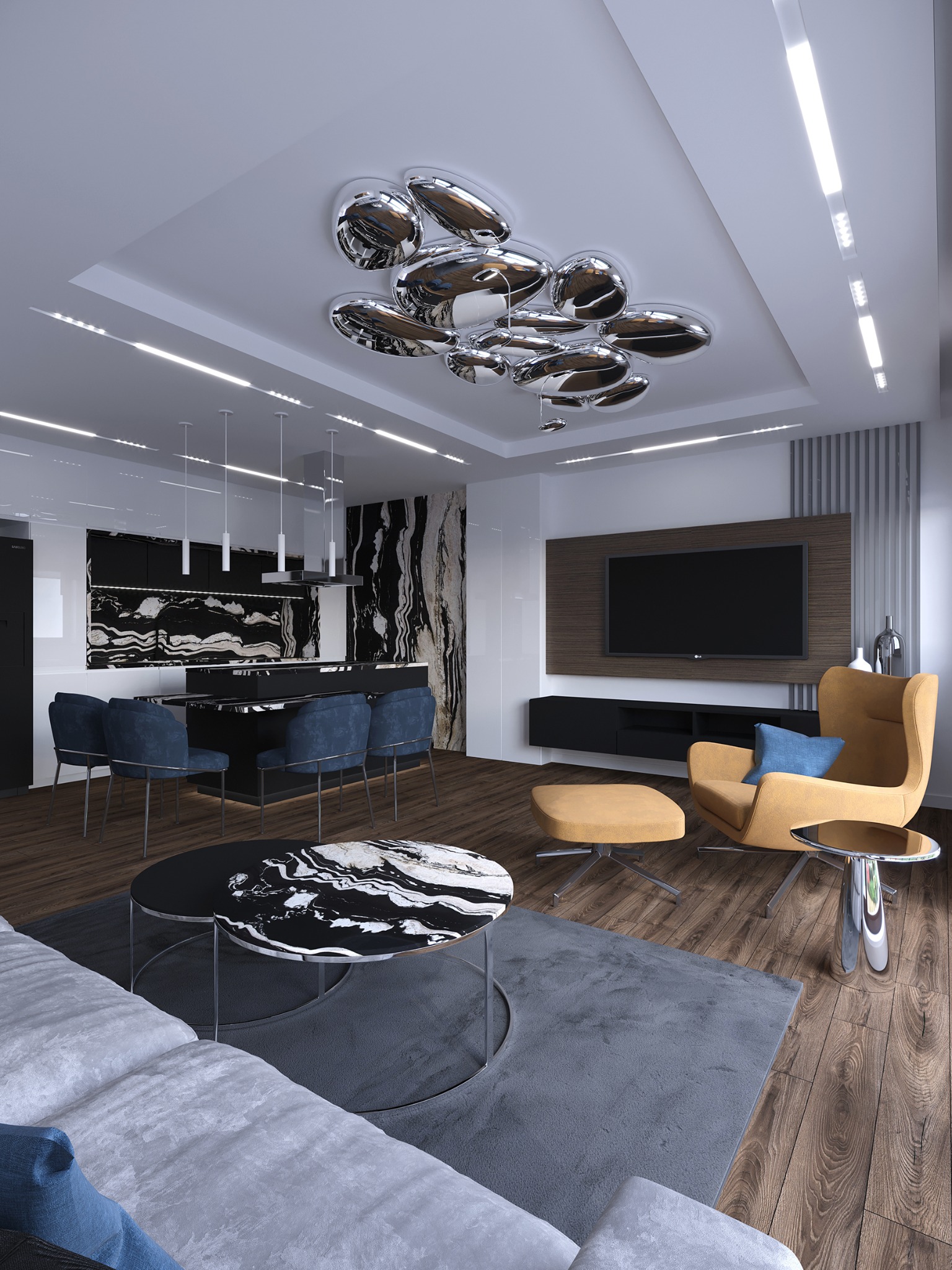 Wnętrze nowoczesnego apartamentu z otwartą kuchnią, jadalnią i salonem, charakteryzujące się marmurowymi akcentami na ścianach i stolikach kawowych, oświetleniem LED i designerską lampą sufitową...