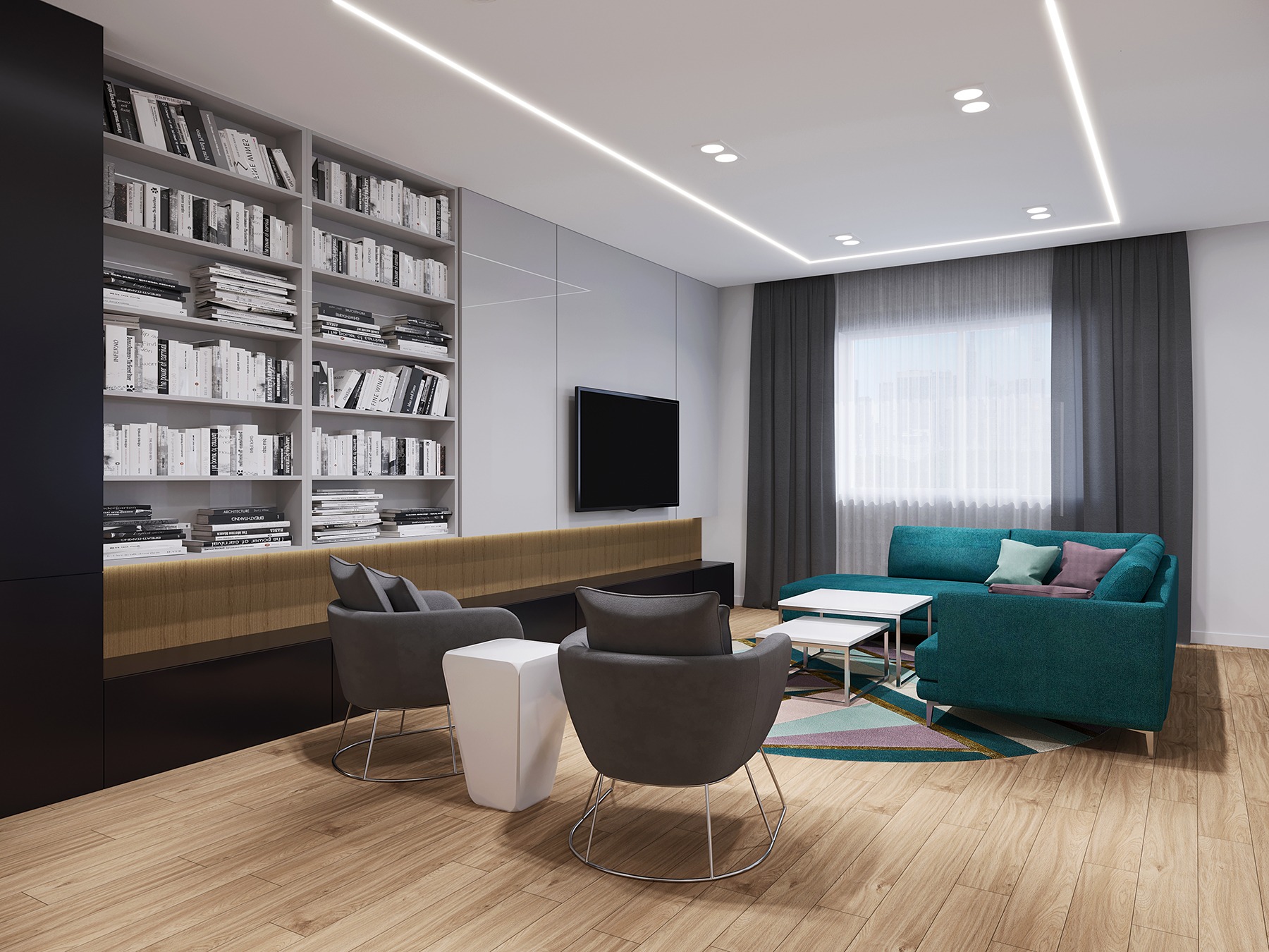 Nowoczesny salon z dużą biblioteczką, turkusową sofą narożną, dwoma szarymi fotelami na metalowych nogach i białym stolikiem pomocniczym, oświetlony listwami LED.