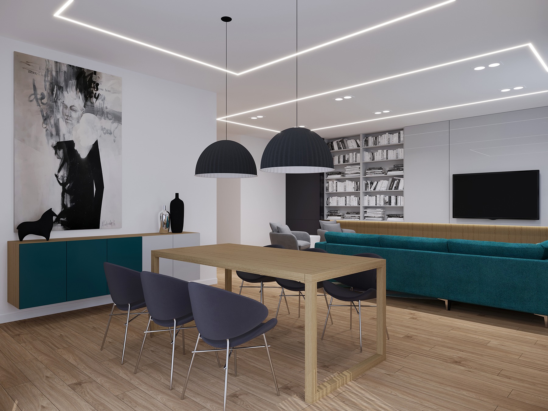 Nowoczesny salon z drewnianą podłogą, stołem jadalnym i krzesłami, oświetleniem LED na suficie, turkusową sofą i regałem z książkami w tle.