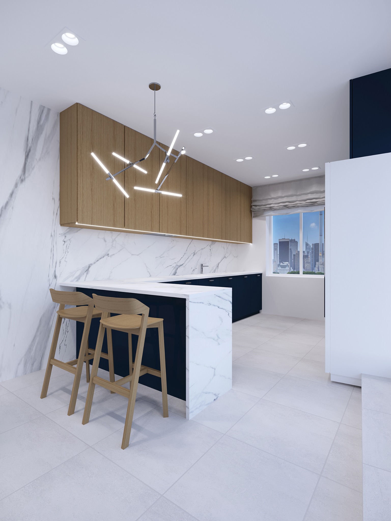 Wizualizacja nowoczesnej kuchni z marmurową ścianą, drewnianymi szafkami wiszącymi i wyspą z blatem z białego marmuru oraz ciemnogranatowymi elementami. Dwa drewniane hokery stoją przy wyspie.