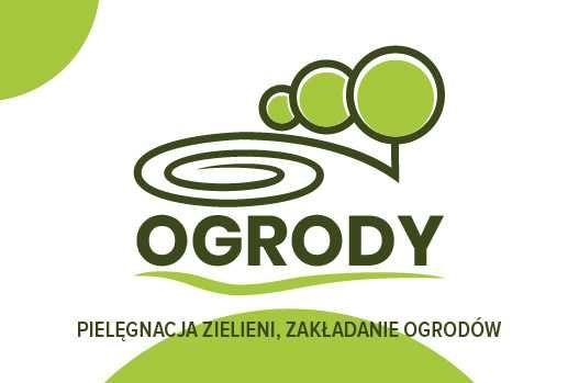 Logo firmy ogrodniczej z stylizowanym motywem drzew i napisem 'OGRODY', z podtytułem 'PIELĘGNACJA ZIELENI, ZAKŁADANIE OGRODÓW'.