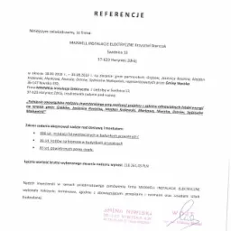 Skan dokumentu referencyjnego firmy MAXWELL Instalacje Elektryczne z Niwisk, potwierdzającego nadz&oacute;r nad instalacją fotowoltaiczną, kotłami na biomasę i pompami ciepła w gminach Gręb&oacute;w, Jasienica...