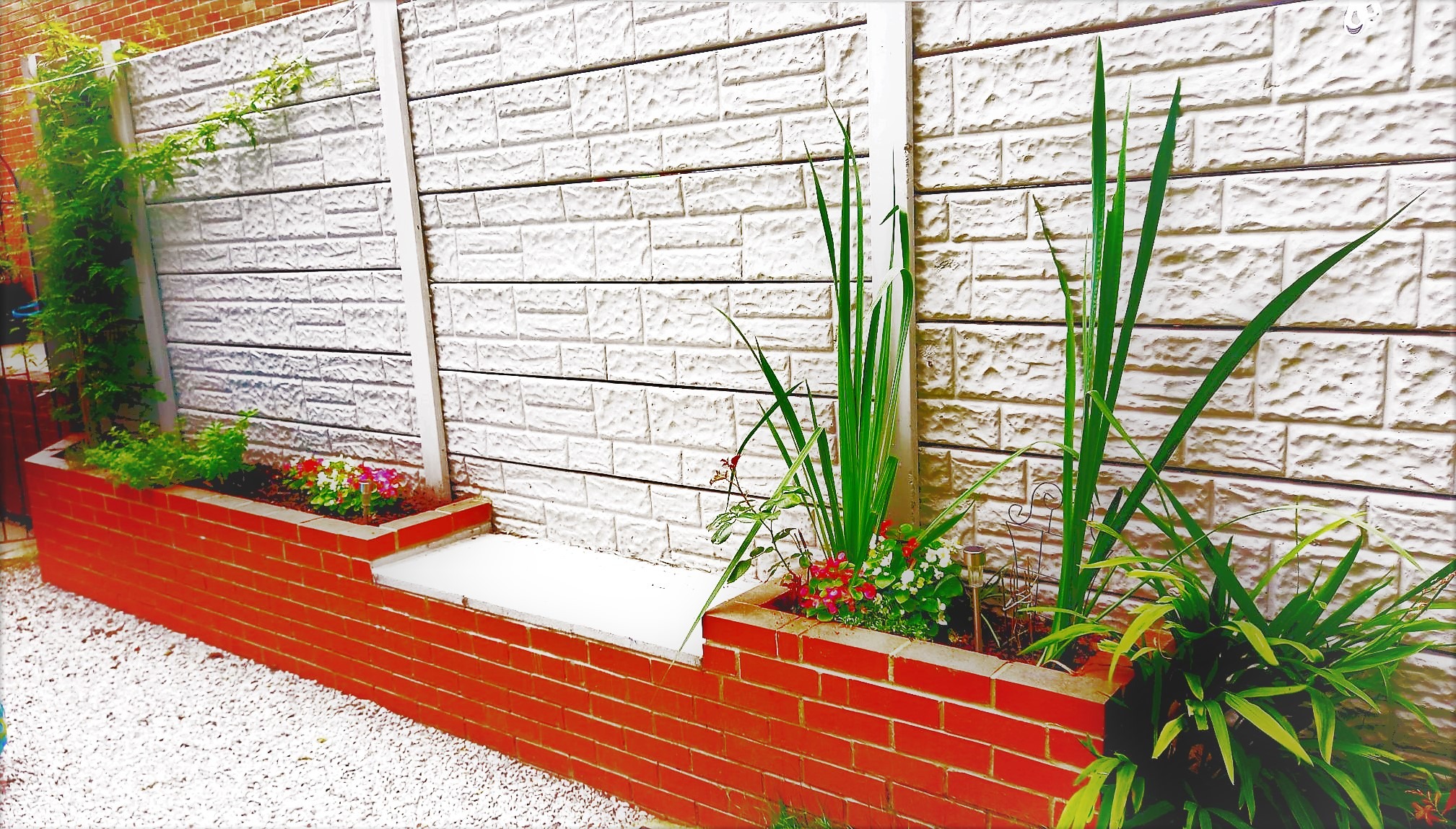 Ogródek kwiatowy z czerwonej cegły z różnokolorowymi kwiatami i wysokimi trawami na tle białego, teksturowanego muru z betonowymi słupkami.