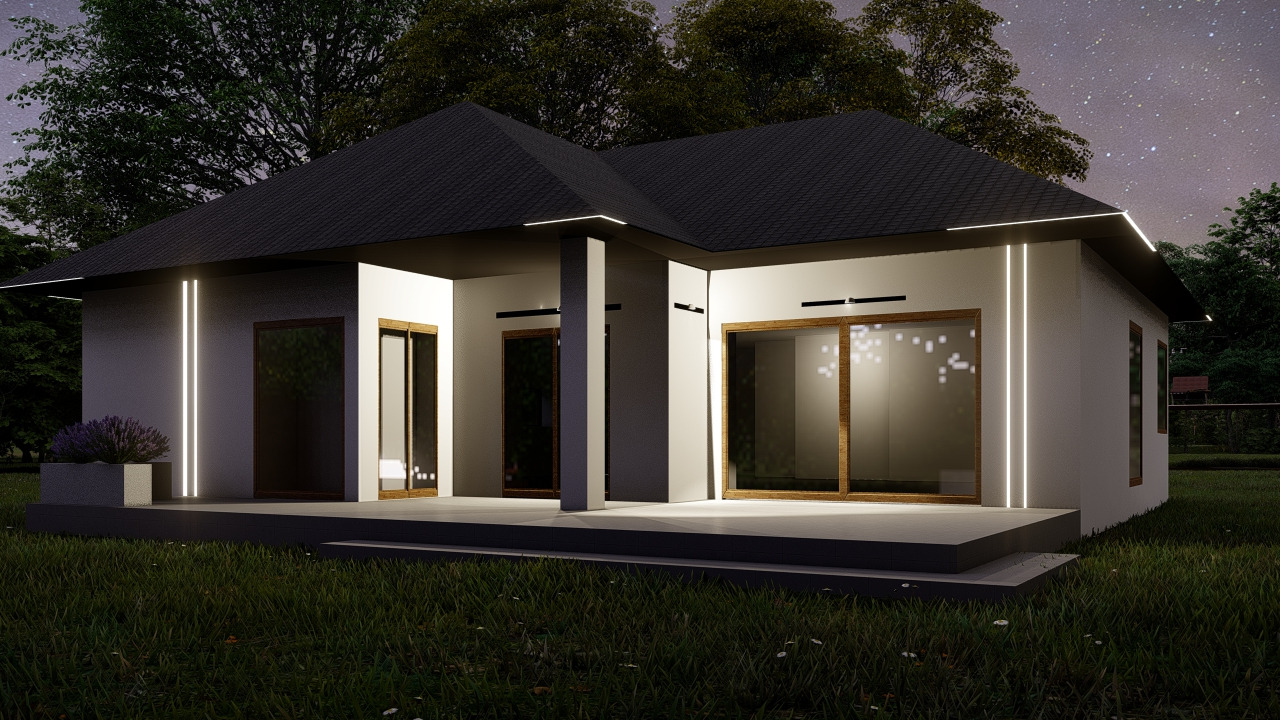 Wizualizacja domu jednorodzinnego z płaskim dachem, podświetlonego pionowymi lampami LED na elewacji, widocznego w nocy z ogrodem i gwiazdami na niebie.
