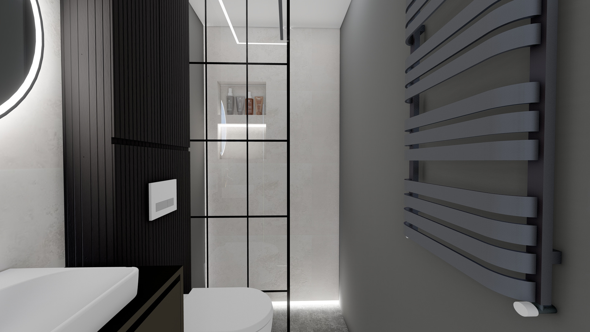 Wizualizacja nowoczesnej łazienki z czarnymi akcentami: umywalka z szafką, toaleta, grzejnik drabinkowy i przeszklona kabina prysznicowa z wnęką na kosmetyki.
