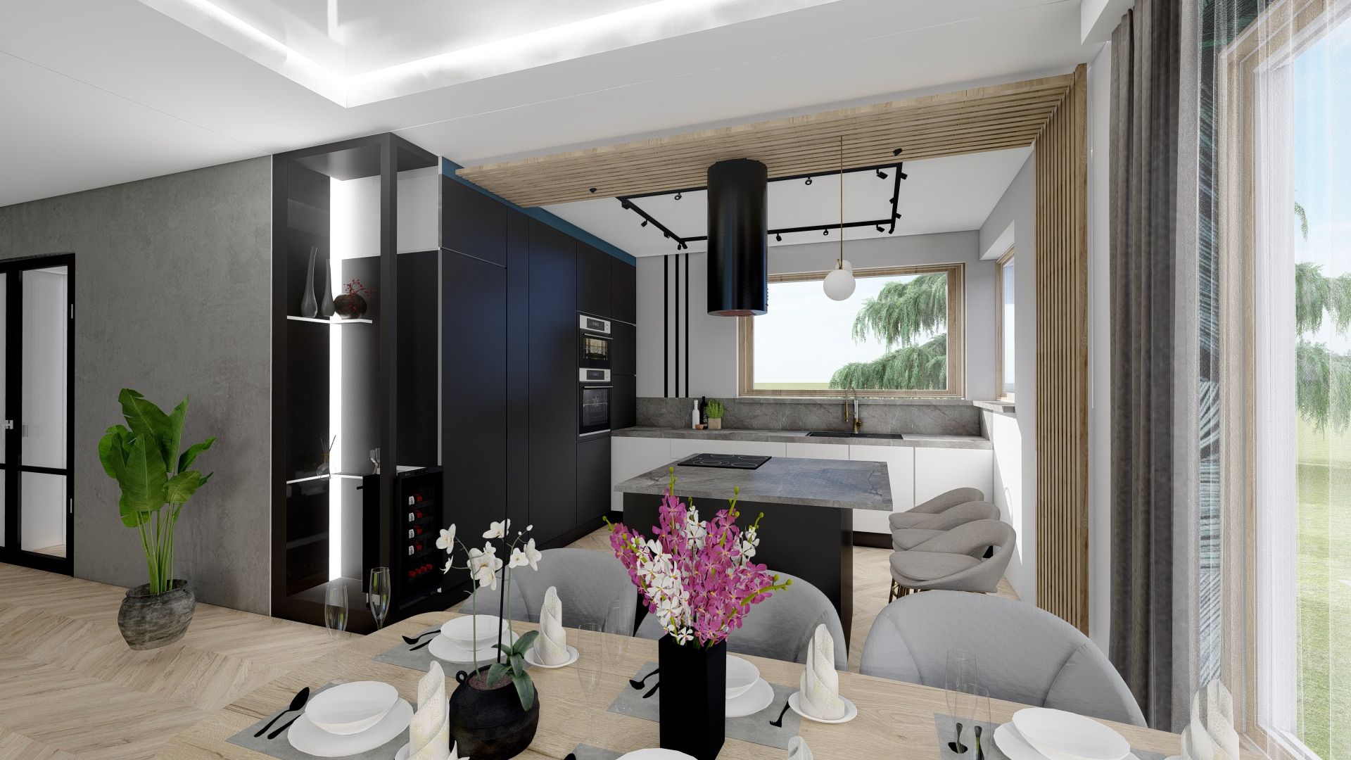Wnętrze nowoczesnej kuchni z jadalnią, dominują czarne i białe meble, wyspa kuchenna z szarym blatem, drewniane akcenty na suficie i ścianie, stół z nakryciem i kwiatami w wazonie, widok na ogród...