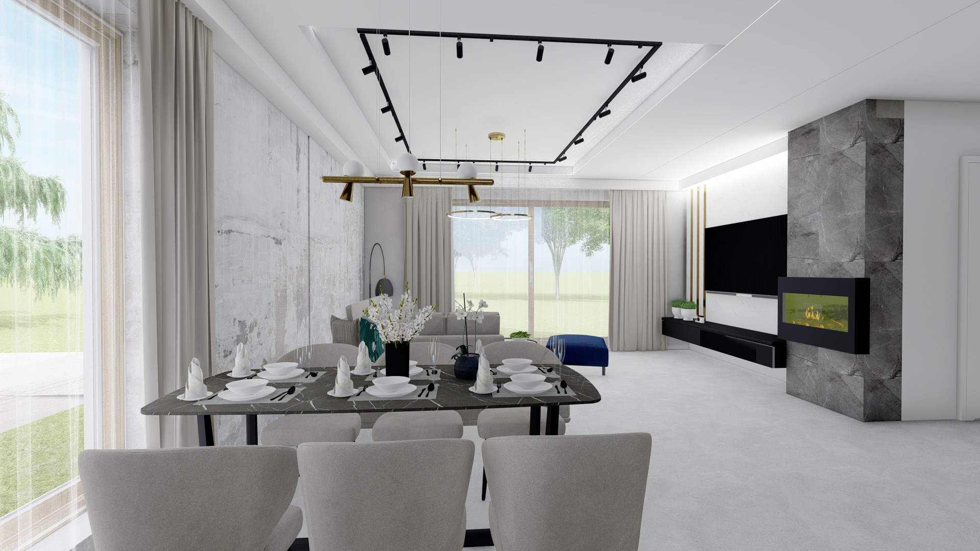 Wizualizacja przestronnego, nowocześnie urządzonego salonu z jadalnią, z dużym oknem i widokiem na zieleń, marmurowym stołem jadalnym dla sześciu osób, designerskim oświetleniem i kominkiem...