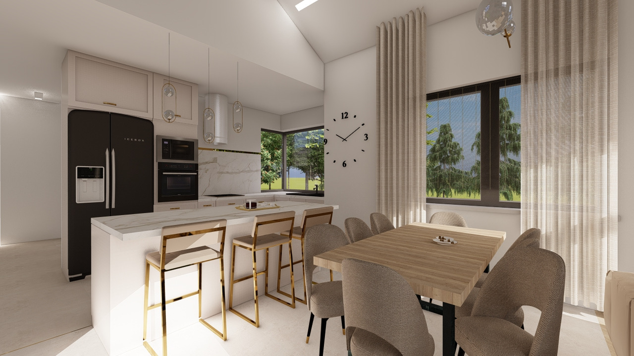 Wizualizacja przestronnej kuchni z wyspą i jadalnią, czarna lodówka retro, marmurowy backsplash, złote akcenty na krzesłach barowych, minimalistyczny zegar ścienny, naturalne światło przez okno...