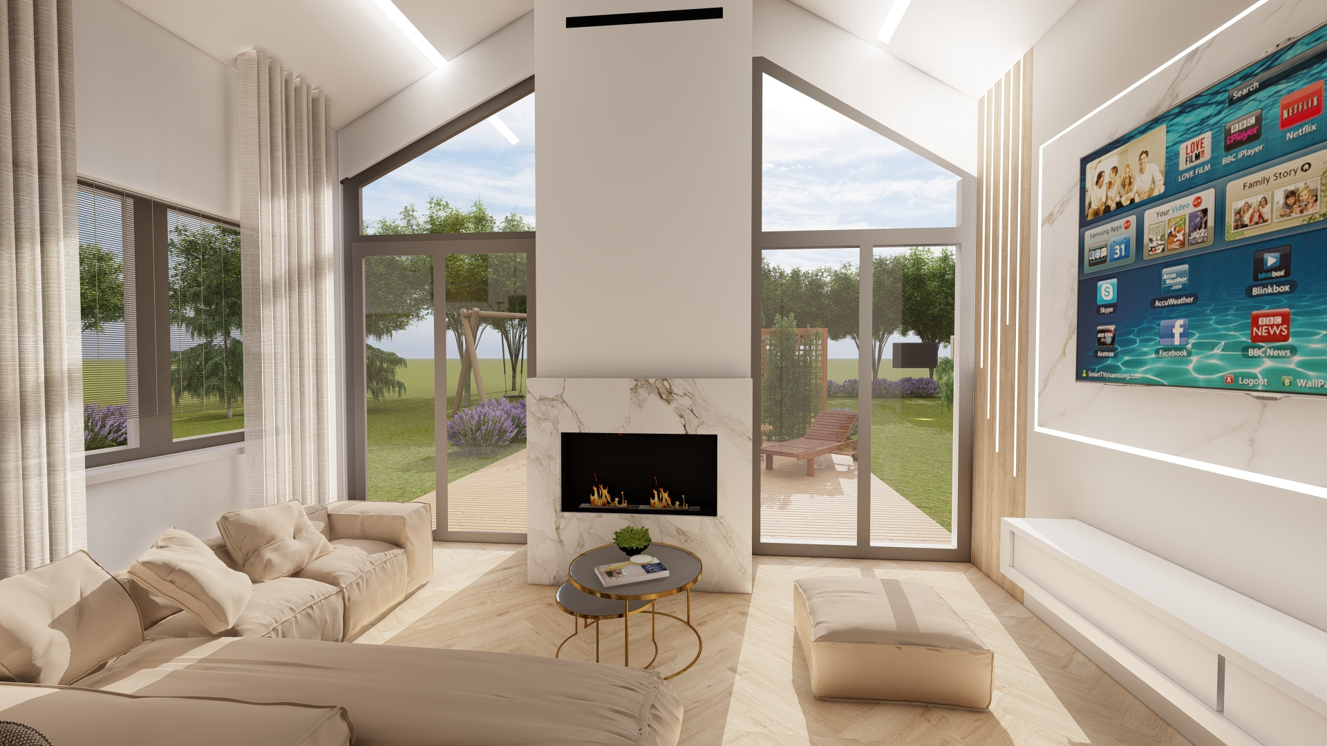 Jasny salon z kominkiem obłożonym marmurem, beżową sofą modułową i dużym telewizorem z aplikacjami, widok na ogród przez duże okna.
