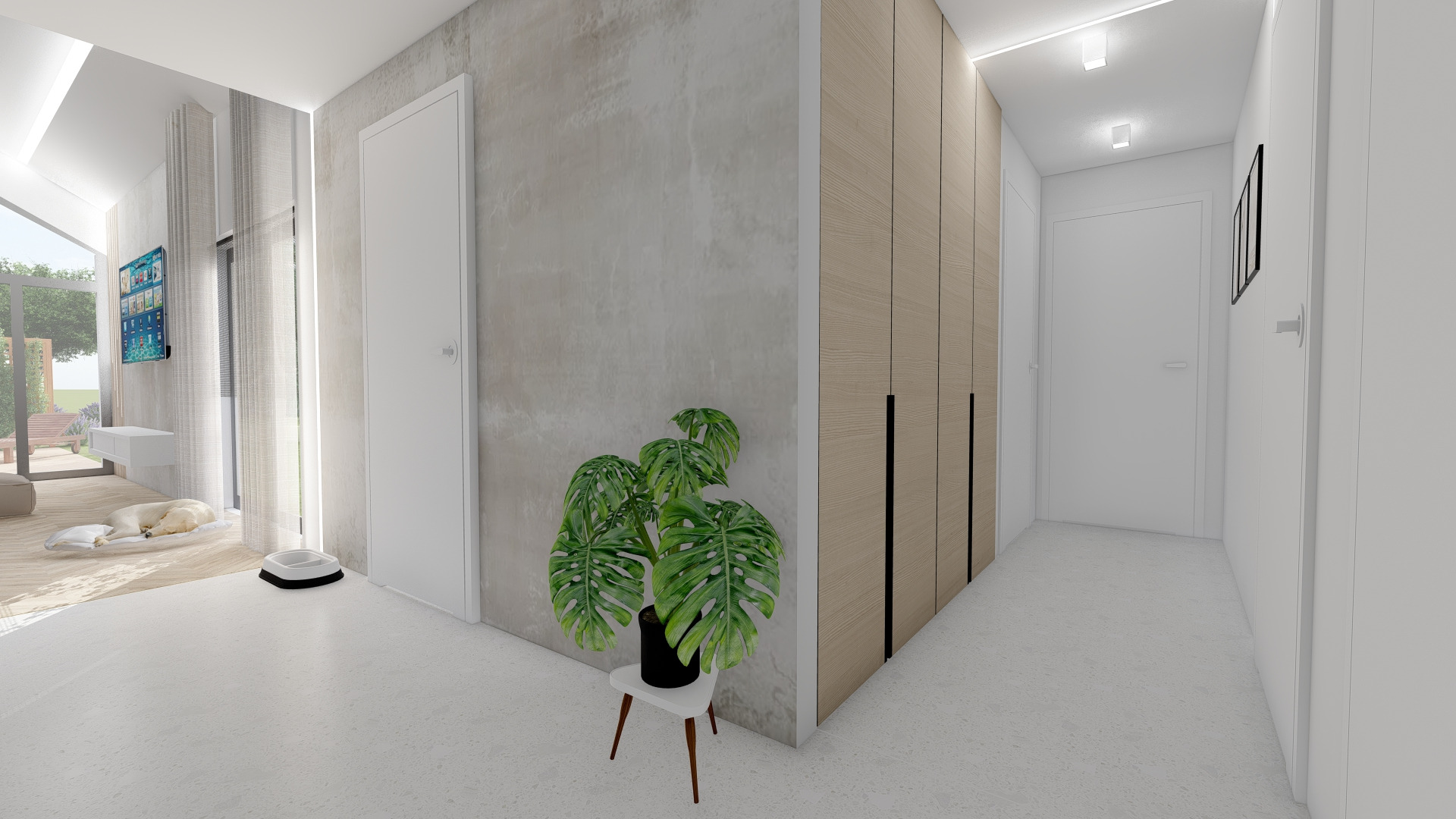 Wizualizacja jasnego przedpokoju z drewnianą szafą w zabudowie, rośliną Monstera na małym stoliku, psem śpiącym na podłodze w tle i robotem sprzątającym przy drzwiach.
