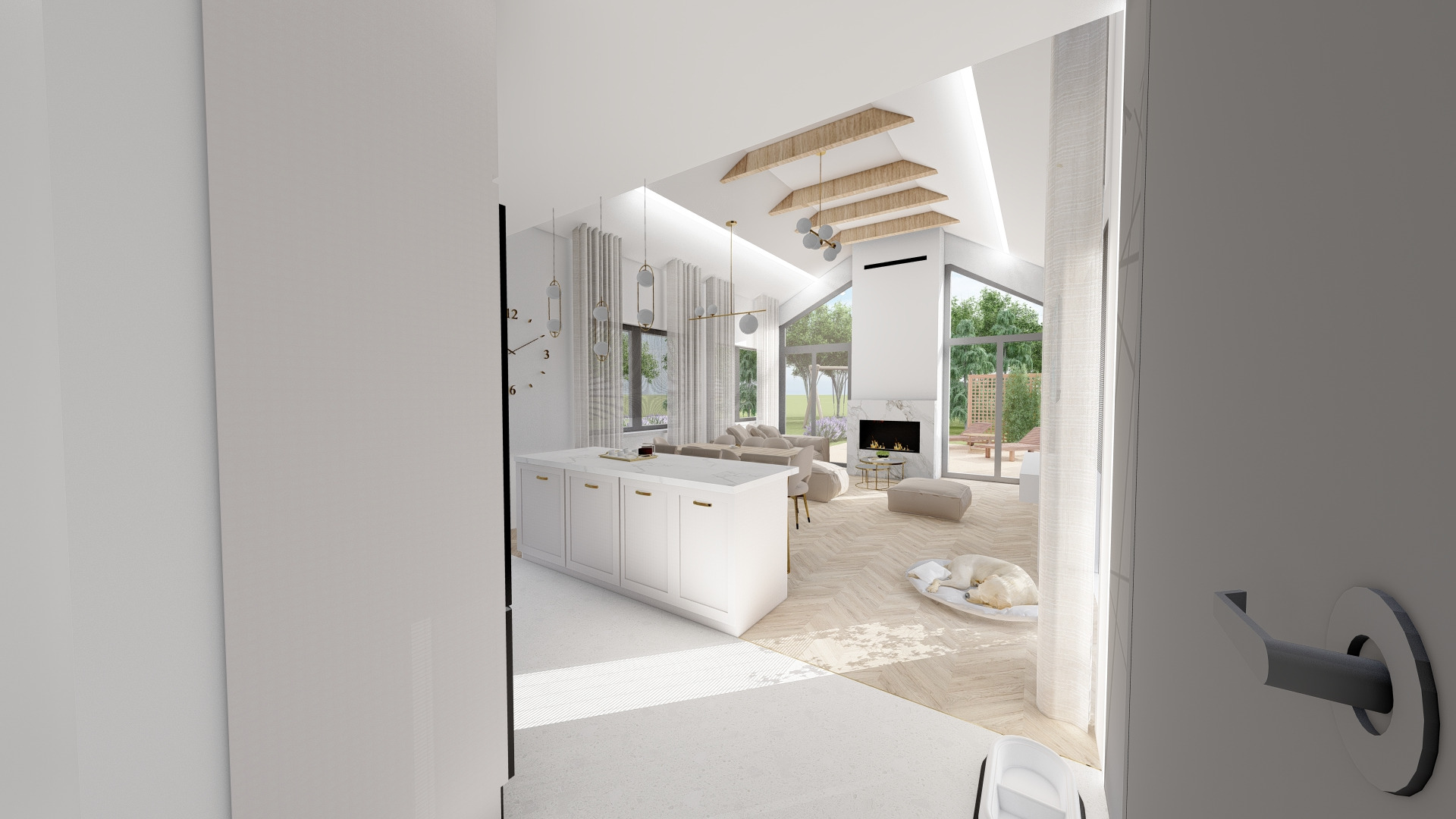 Jasne, przestronne wnętrze domu z wyspą kuchenną, kominkiem i psem leżącym na podłodze, widoczne zza otwartych drzwi.