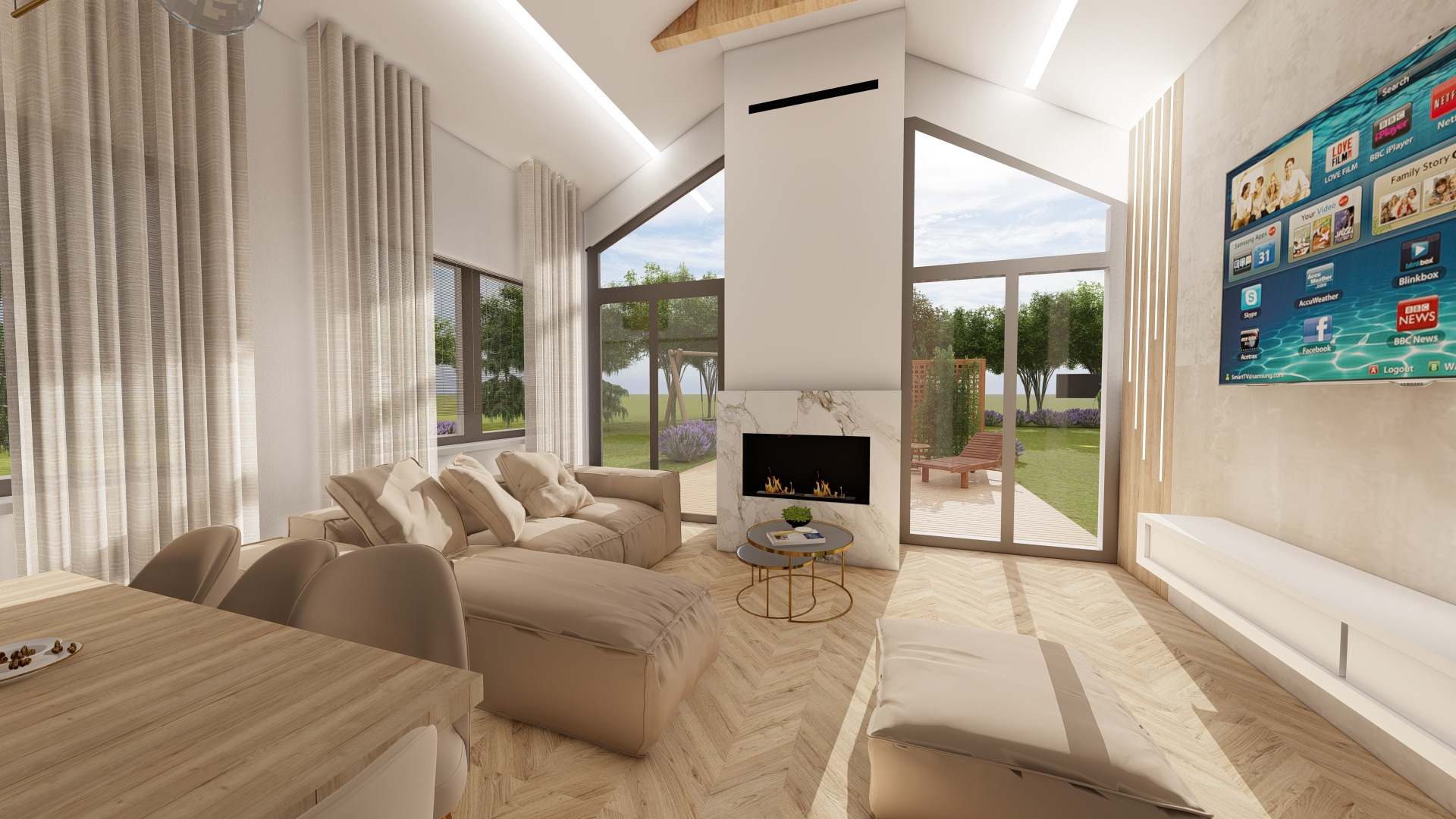 Jasne, przestronne wnętrze salonu z beżową sofą modułową, kominkiem z marmurowym wykończeniem, drewnianym stołem jadalnym i widokiem na ogród przez duże okna.