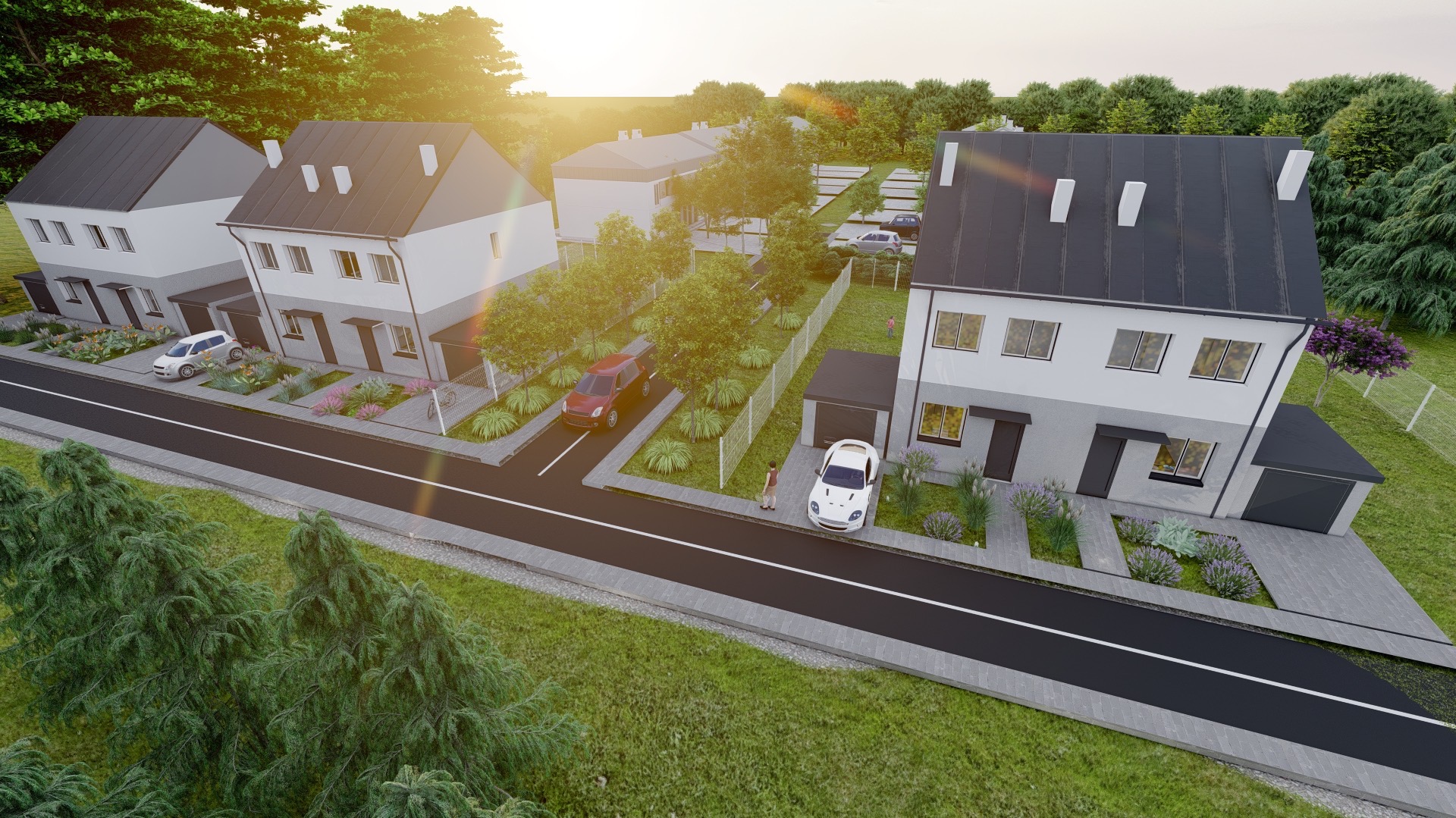 Wizualizacja osiedla domów jednorodzinnych z ogrodami, widziana z góry, z zaparkowanymi autami i postacią człowieka przy jednym z domów. Słoneczny dzień.