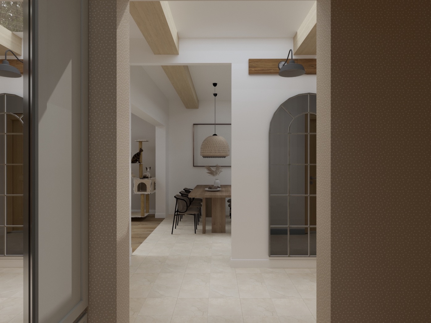 Eleganckie wnętrze z drewnianymi belkami, widok na jadalnię z kotami na drapaku. Neutralna kolorystyka, łukowe lustro i designerska lampa nad stołem.