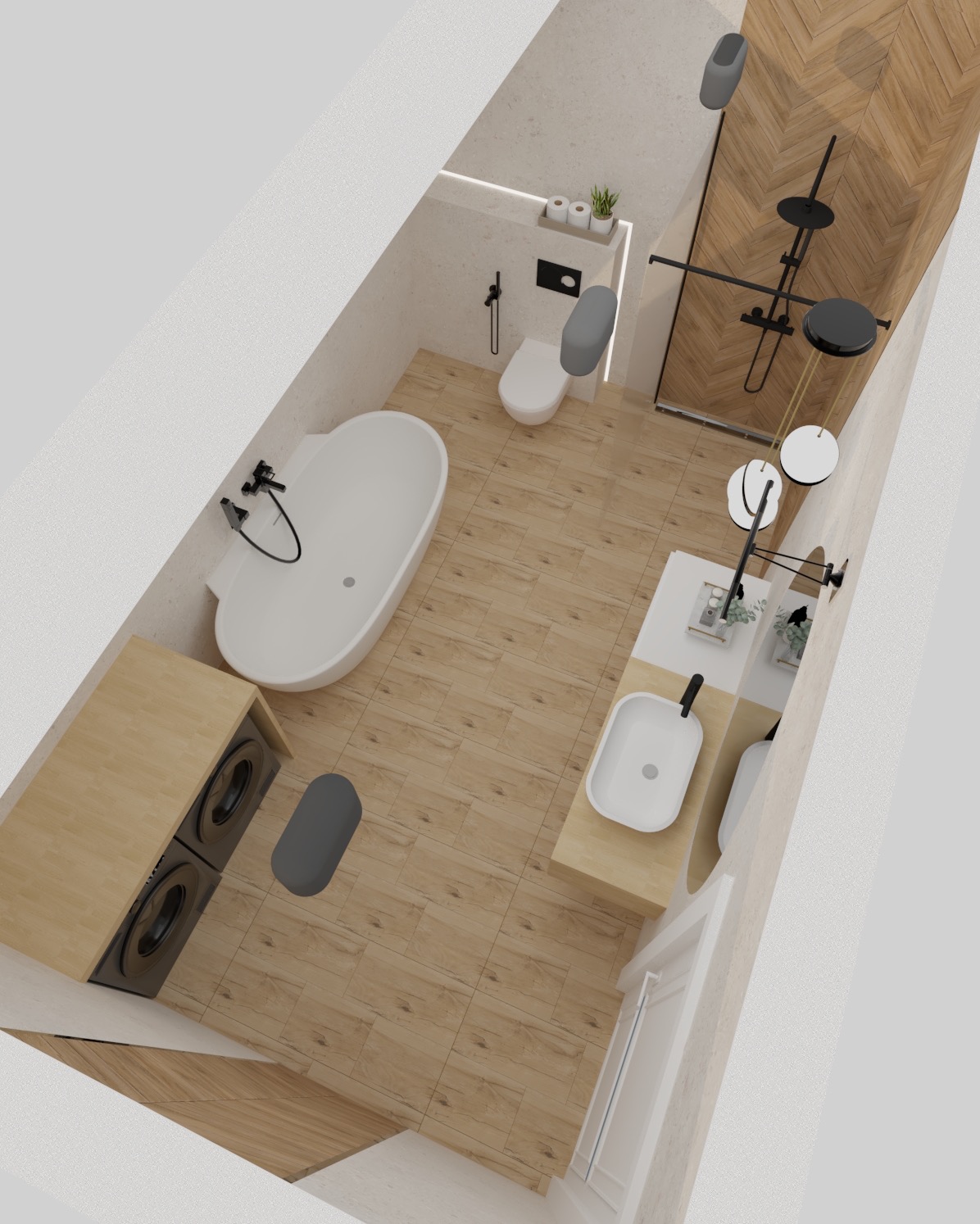Wizualizacja łazienki z drewnianą podłogą i ścianą, białą wanną, umywalką, toaletą i pralką. Ujęcie z góry prezentuje nowoczesny design wnętrza.