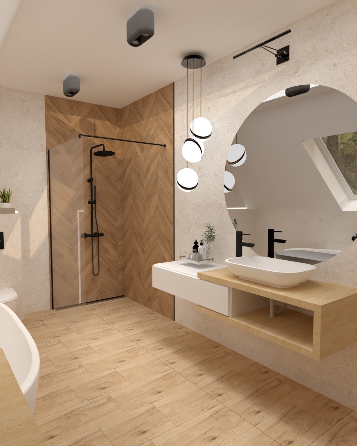 Nowoczesna łazienka z drewnianymi akcentami: kabina prysznicowa z czarną armaturą, owalne lustro, wisząca szafka z umywalką i podwieszane lampy kuliste.