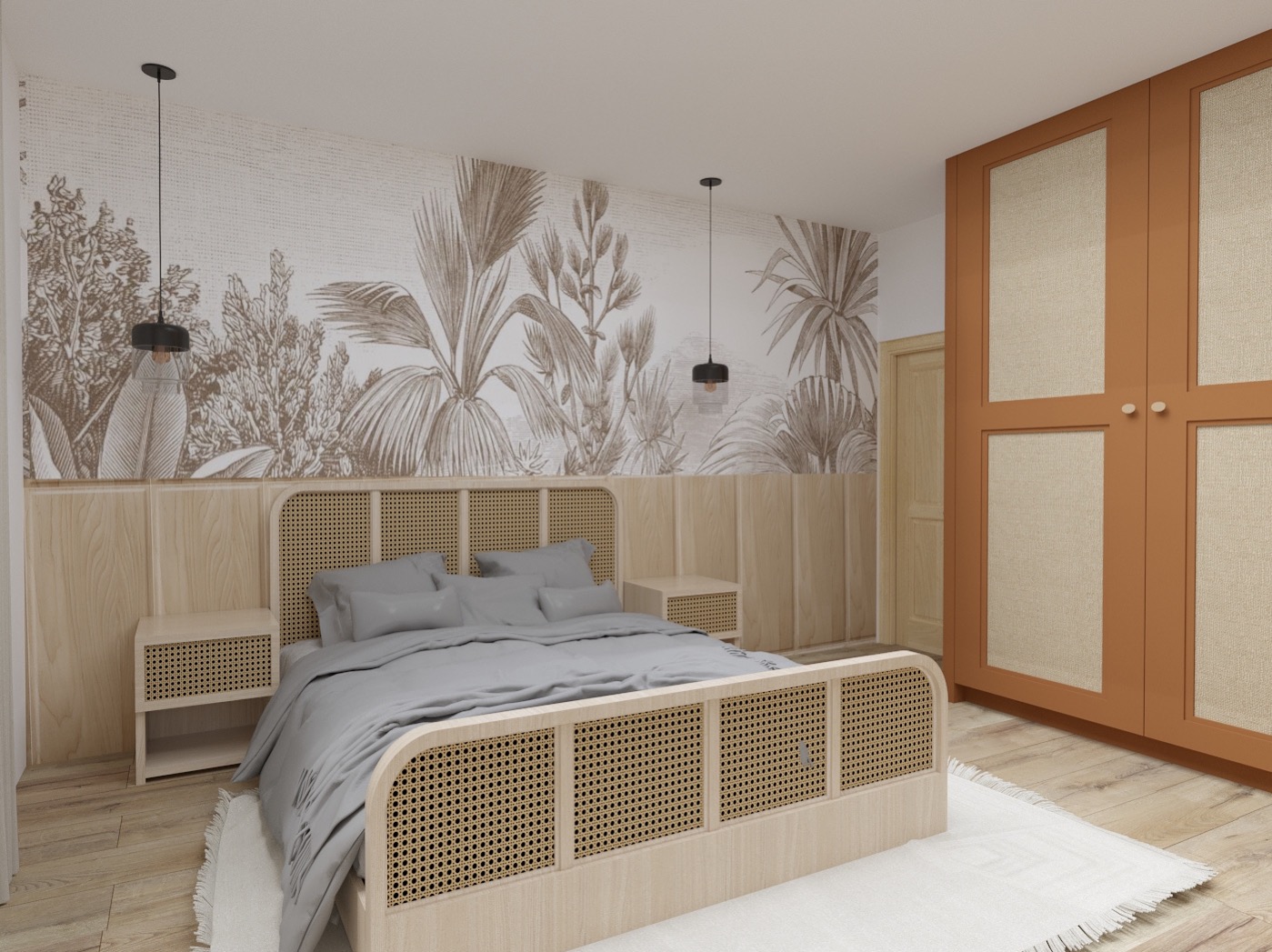 Stylowa sypialnia z łóżkiem z rattanową plecionką, lampami wiszącymi i tapetą w motywy roślinne. Uwagę przykuwa duża, pomarańczowa szafa z jasnymi wstawkami.