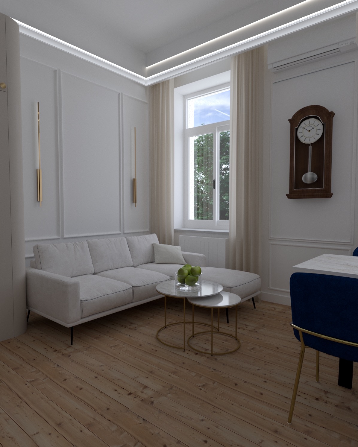 Jasne wnętrze salonu z drewnianą podłogą i kanapą narożną. Na ścianie zegar i minimalistyczne lampy. Okno z widokiem na zieleń. Stoliki kawowe z owocami.